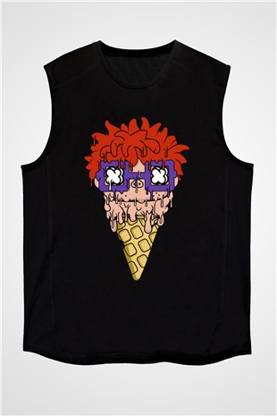 Ice Cream Rugrat Baskılı Unisex Siyah Kolsuz Tişört