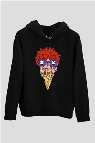 Ice Cream Rugrat Baskılı Unisex Siyah Hoodie