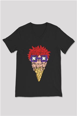 Ice Cream Rugrat Baskılı Unisex Siyah V Yaka Tişört