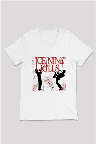 Ice Nine Kills Baskılı Beyaz Unisex V Yaka Tişört - Tshirt