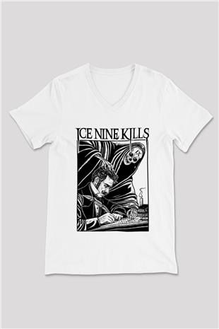 Ice Nine Kills Baskılı Beyaz Unisex V Yaka Tişört - Tshirt