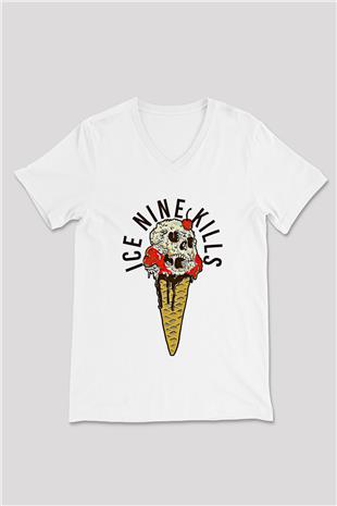 Ice Nine Kills Baskılı Beyaz Unisex V Yaka Tişört - Tshirt