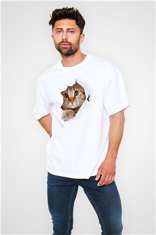 İçimdeki Şirin Kedi Temalı Baskılı Oversize Beyaz Tshirt