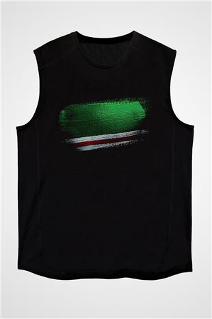 İçkerya Çeçen Cumhuriyeti - Chechen Republic İchkeria Bayrağı Baskılı Unisex Siyah Kolsuz Tişört