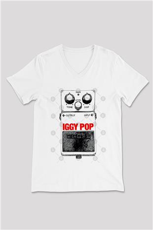 Iggy Pop Baskılı Beyaz Unisex V Yaka Tişört - Tshirt