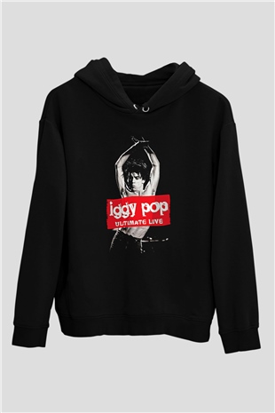 Iggy Pop Baskılı Unisex Siyah Kapüşonlu Sweatshirt