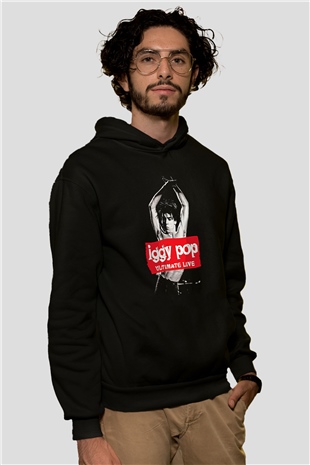Iggy Pop Baskılı Unisex Siyah Kapüşonlu Sweatshirt