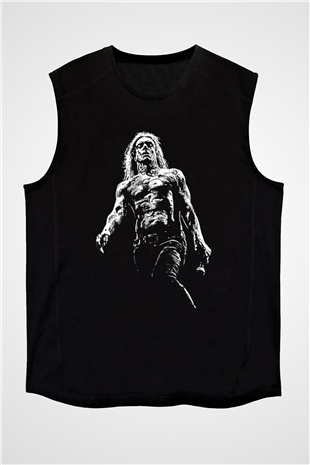 Iggy Pop Baskılı Unisex Siyah Kolsuz Tişört - Tshirt