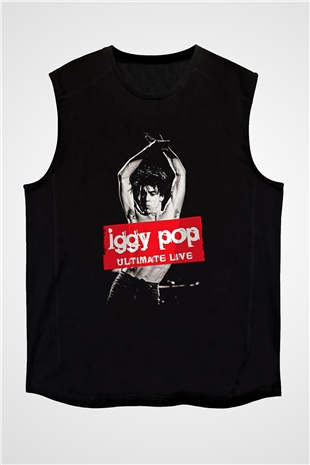 Iggy Pop Baskılı Unisex Siyah Kolsuz Tişört - Tshirt