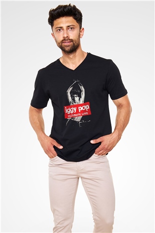 Iggy Pop Baskılı Unisex Siyah V Yaka Tişört - Tshirt