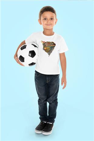 İguana Baskılı Beyaz Unisex Beyaz Çocuk Tişört - Tshirt