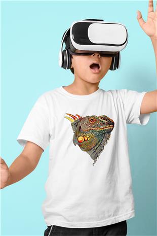 İguana Baskılı Beyaz Unisex Beyaz Çocuk Tişört - Tshirt