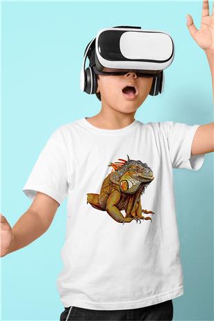 İguana Baskılı Beyaz Unisex Beyaz Çocuk Tişört - Tshirt