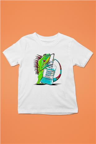 İguana Baskılı Beyaz Unisex Beyaz Çocuk Tişört - Tshirt