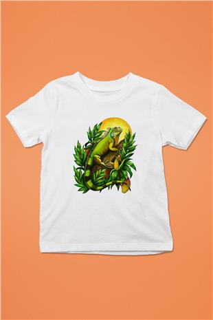İguana Baskılı Beyaz Unisex Beyaz Çocuk Tişört - Tshirt