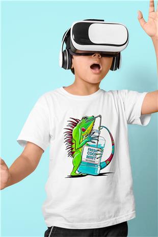 İguana Baskılı Beyaz Unisex Beyaz Çocuk Tişört - Tshirt