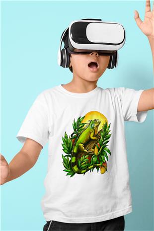 İguana Baskılı Beyaz Unisex Beyaz Çocuk Tişört - Tshirt