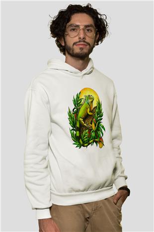 İguana Baskılı Beyaz Unisex Hoodie