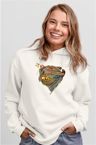 İguana Baskılı Beyaz Unisex Hoodie