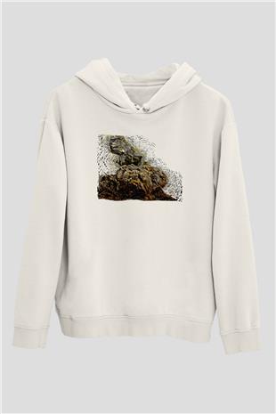 İguana Baskılı Beyaz Unisex Hoodie