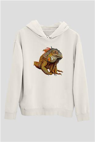 İguana Baskılı Beyaz Unisex Hoodie