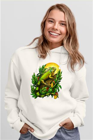 İguana Baskılı Beyaz Unisex Hoodie