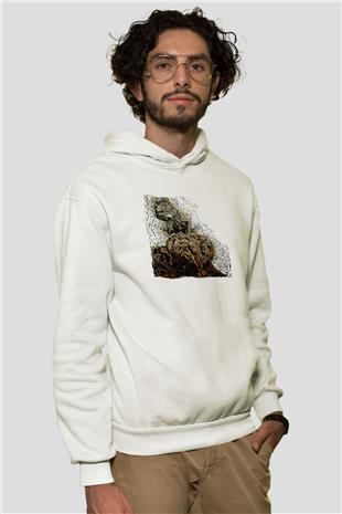 İguana Baskılı Beyaz Unisex Hoodie