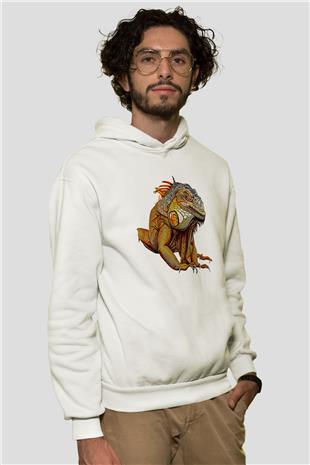 İguana Baskılı Beyaz Unisex Hoodie