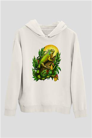 İguana Baskılı Beyaz Unisex Hoodie