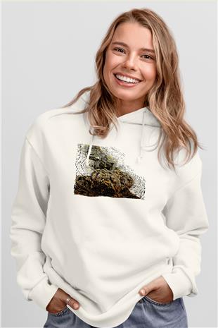 İguana Baskılı Beyaz Unisex Hoodie