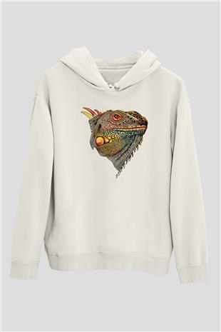 İguana Baskılı Beyaz Unisex Hoodie