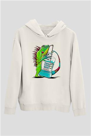 İguana Baskılı Beyaz Unisex Hoodie