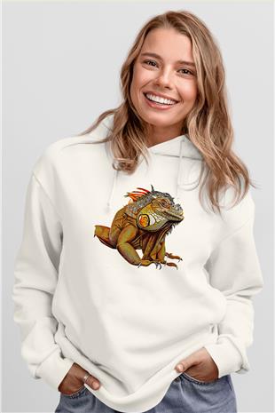 İguana Baskılı Beyaz Unisex Hoodie