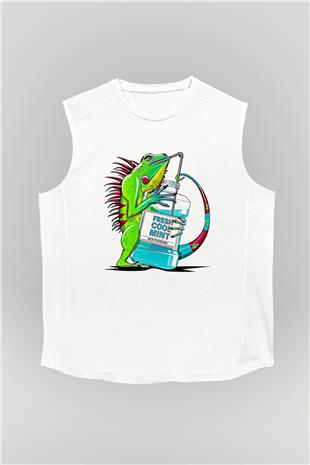 İguana Baskılı Beyaz Unisex Kolsuz Tişört - Tshirt