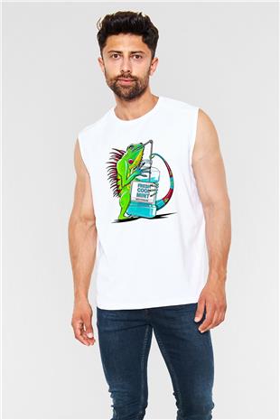 İguana Baskılı Beyaz Unisex Kolsuz Tişört - Tshirt