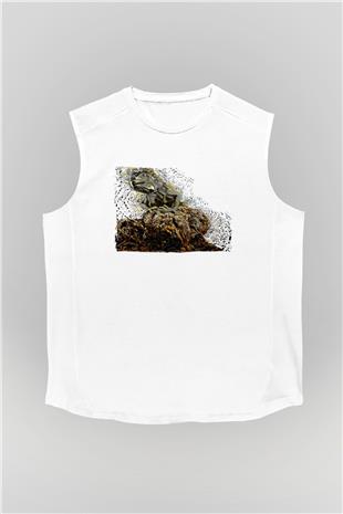İguana Baskılı Beyaz Unisex Kolsuz Tişört - Tshirt