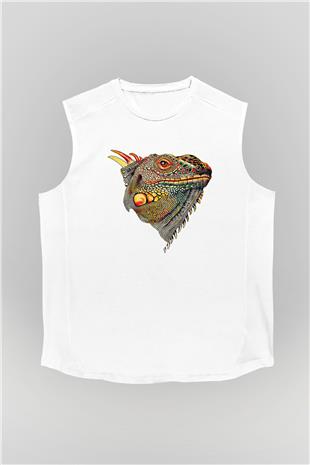 İguana Baskılı Beyaz Unisex Kolsuz Tişört - Tshirt