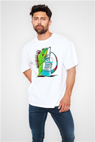 İguana Baskılı Beyaz Unisex Oversize Tişört - Tshirt