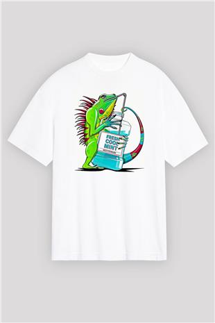 İguana Baskılı Beyaz Unisex Oversize Tişört - Tshirt