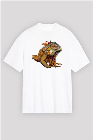İguana Baskılı Beyaz Unisex Oversize Tişört - Tshirt