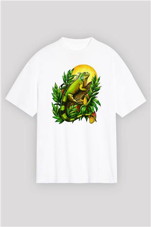 İguana Baskılı Beyaz Unisex Oversize Tişört - Tshirt