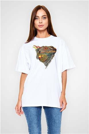 İguana Baskılı Beyaz Unisex Oversize Tişört - Tshirt