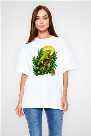 İguana Baskılı Beyaz Unisex Oversize Tişört - Tshirt