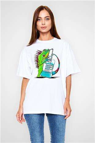 İguana Baskılı Beyaz Unisex Oversize Tişört - Tshirt