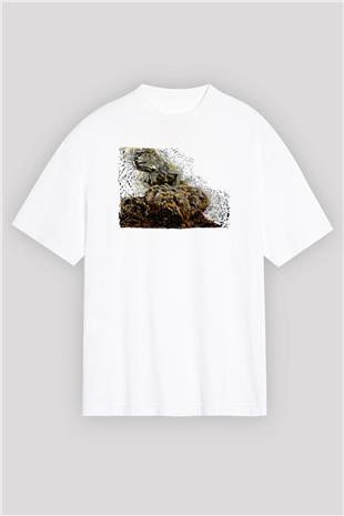 İguana Baskılı Beyaz Unisex Oversize Tişört - Tshirt