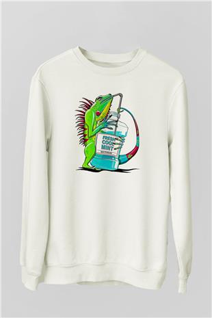 İguana Baskılı Beyaz Unisex Sweatshirt