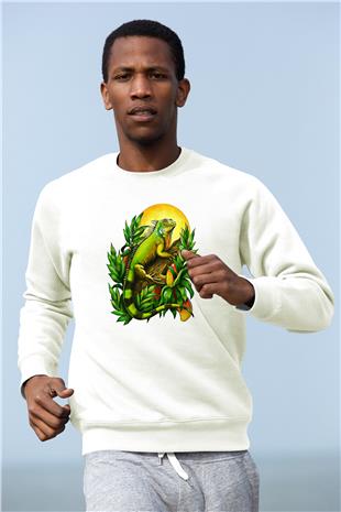 İguana Baskılı Beyaz Unisex Sweatshirt