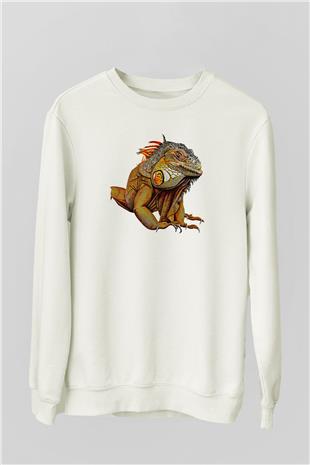 İguana Baskılı Beyaz Unisex Sweatshirt
