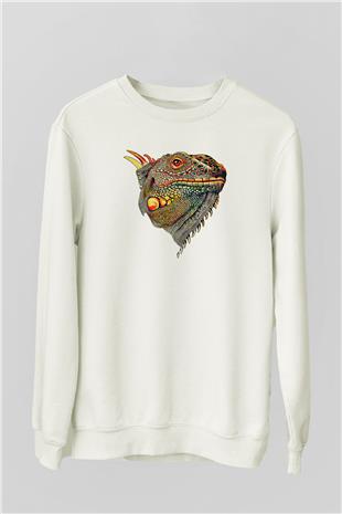 İguana Baskılı Beyaz Unisex Sweatshirt