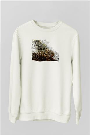 İguana Baskılı Beyaz Unisex Sweatshirt